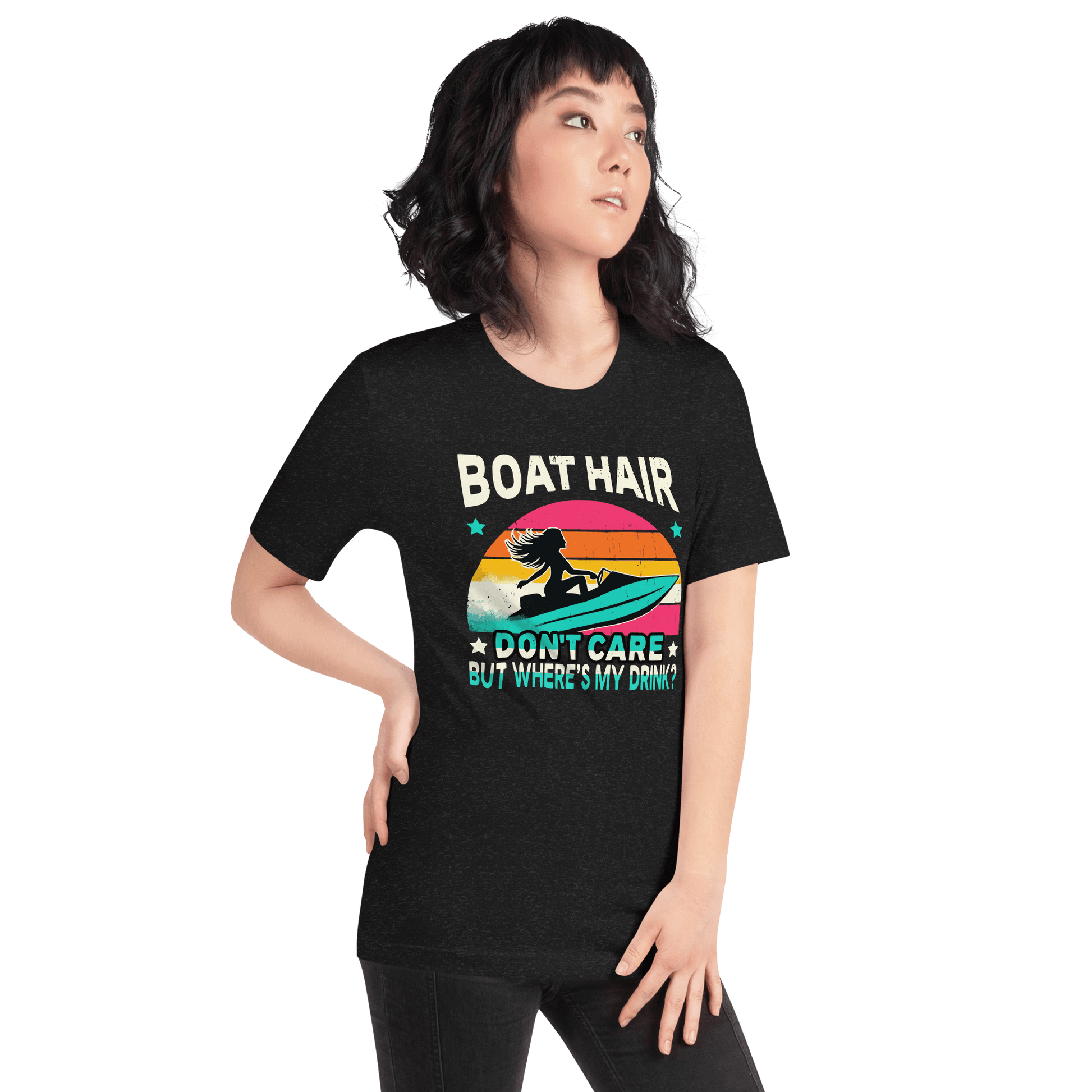 Tee with "Boar Hair Don't Care, But Where's My Drink?" and a woman on a jet ski against a retro sunset backdrop.