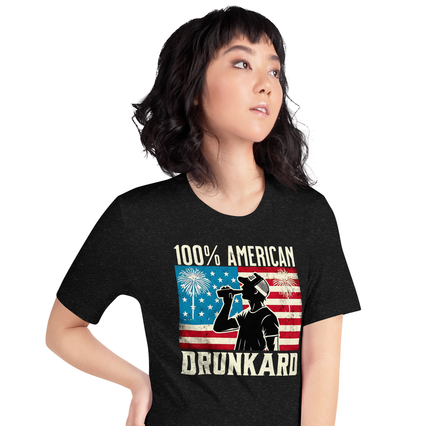 4th of July T-shirt with '100% American Drunkard' text, man drinking a bottle of beer wearing a trucker hat, and distressed American flag background