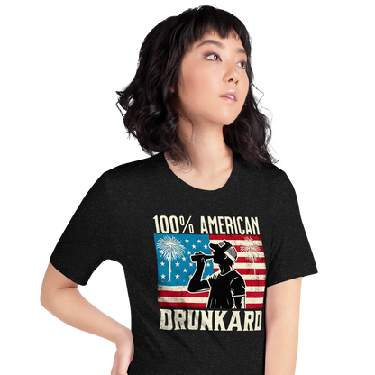 4th of July T-shirt with '100% American Drunkard' text, man drinking a bottle of beer wearing a trucker hat, and distressed American flag background