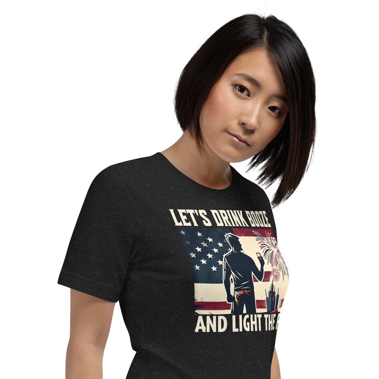 4th of July T-shirt with 'Let's Drink Booze and Light the Fuse' text, featuring a festive, patriotic theme