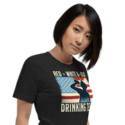 T-shirt with Red White and Blue Drinking Team text, man drinking beer, and distressed American flag background. Perfect for 4th of July.