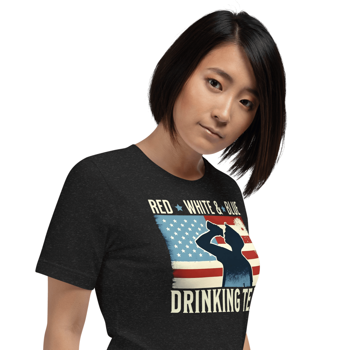 T-shirt with Red White and Blue Drinking Team text, man drinking beer, and distressed American flag background. Perfect for 4th of July.