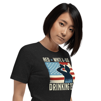 T-shirt with Red White and Blue Drinking Team text, man drinking beer, and distressed American flag background. Perfect for 4th of July.