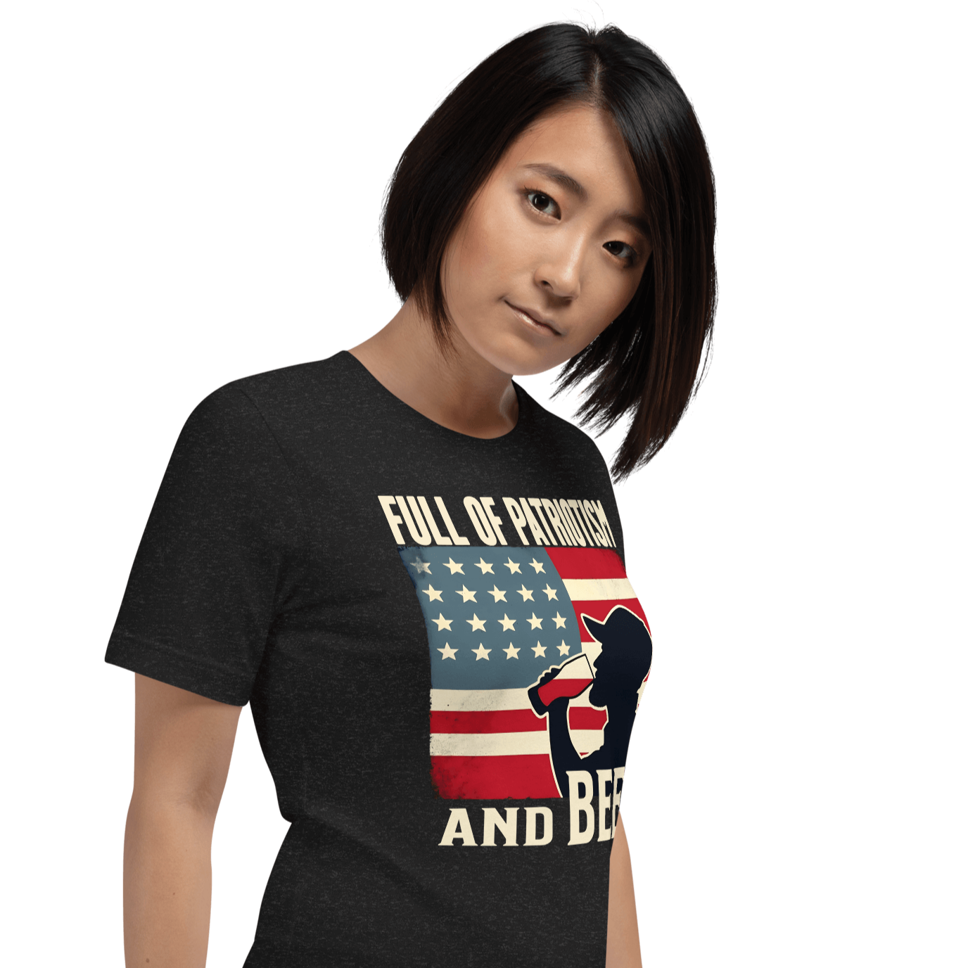 T-shirt with Full of Patriotism and Beer text and a distressed American flag background. Perfect for 4th of July.