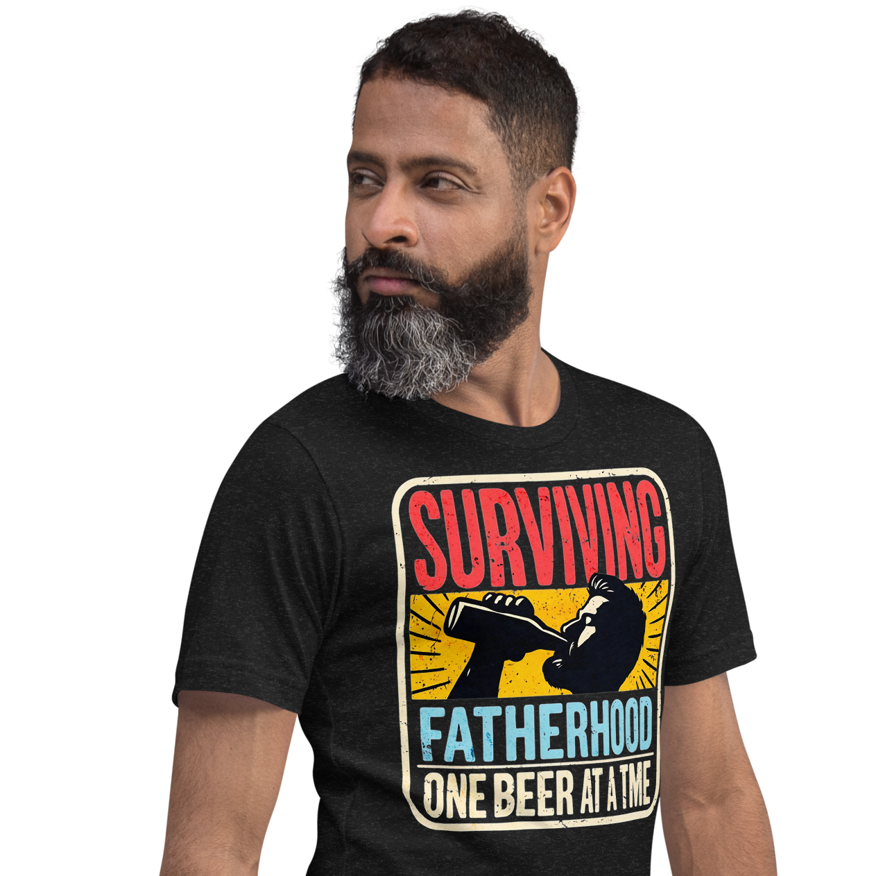 Celebrate fatherhood with our "Surviving Fatherhood One Beer at a Time" t-shirt. Perfect gift for dads who love a cold one. Ideal for Father's Day or birthdays.