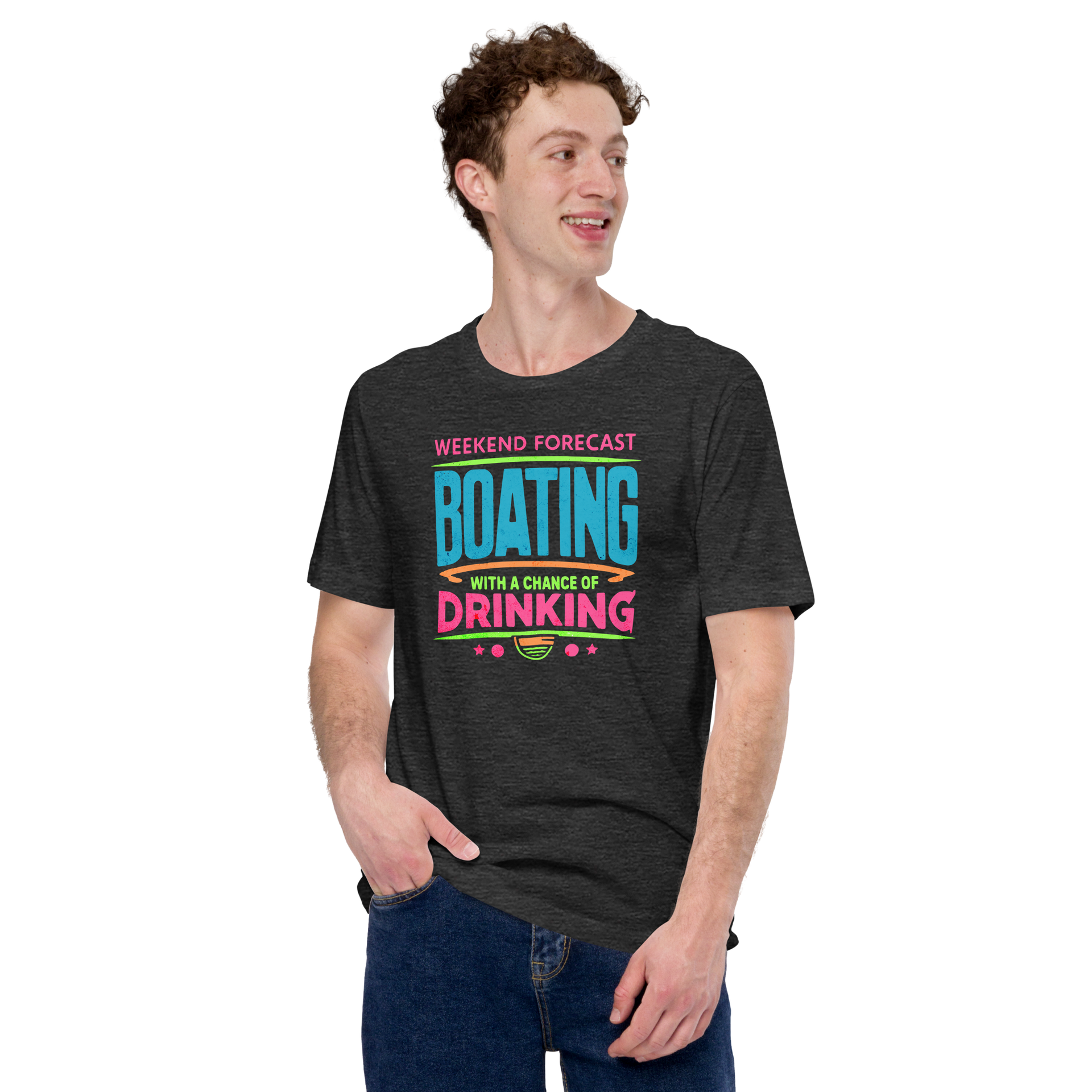 Tee with "Weekend Forecast: Boating with a Chance of Drinking" in bright colors, ideal for boaters.