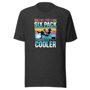 Tee with "The Only Six-Pack I'm Working On Is In The Cooler" and a graphic of a man lounging in a beach chair with a beer.