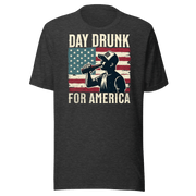 T-shirt with Day Drunk for America text, silhouette of a man drinking a bottle of beer, and distressed American flag background. Perfect for 4th of July.