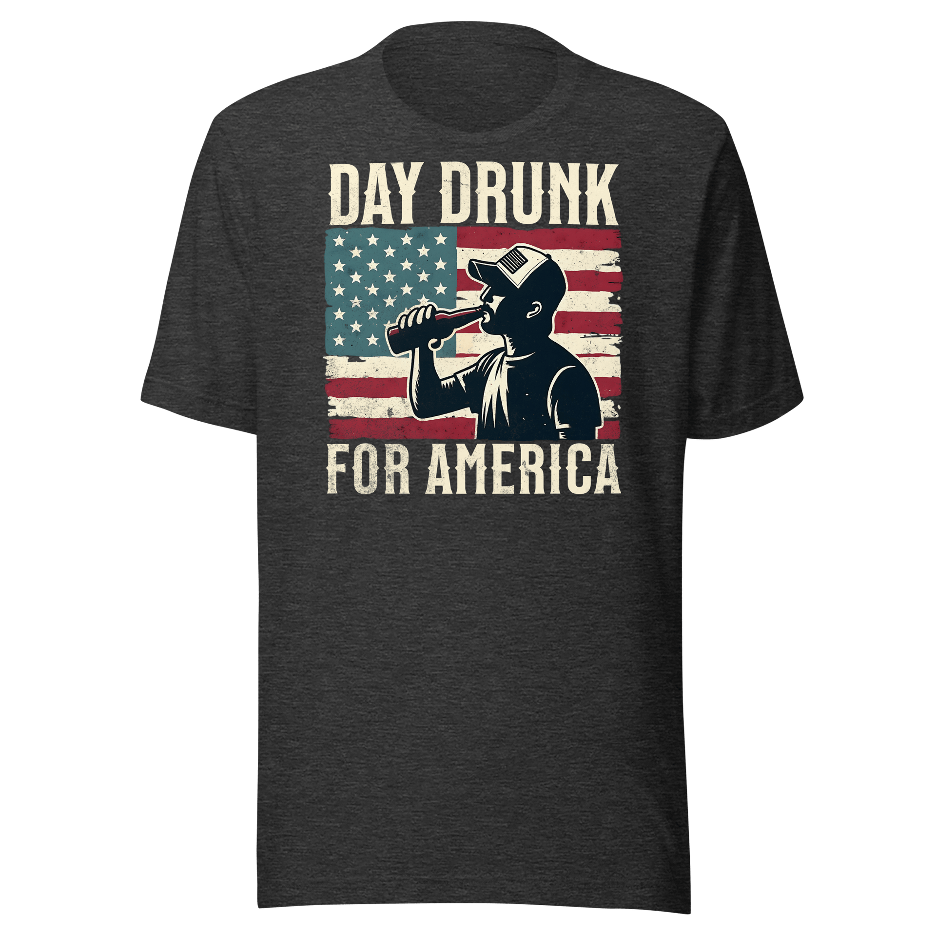 T-shirt with Day Drunk for America text, silhouette of a man drinking a bottle of beer, and distressed American flag background. Perfect for 4th of July.