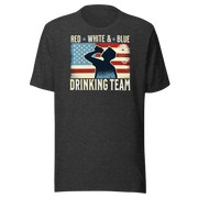 T-shirt with Red White and Blue Drinking Team text, man drinking beer, and distressed American flag background. Perfect for 4th of July.