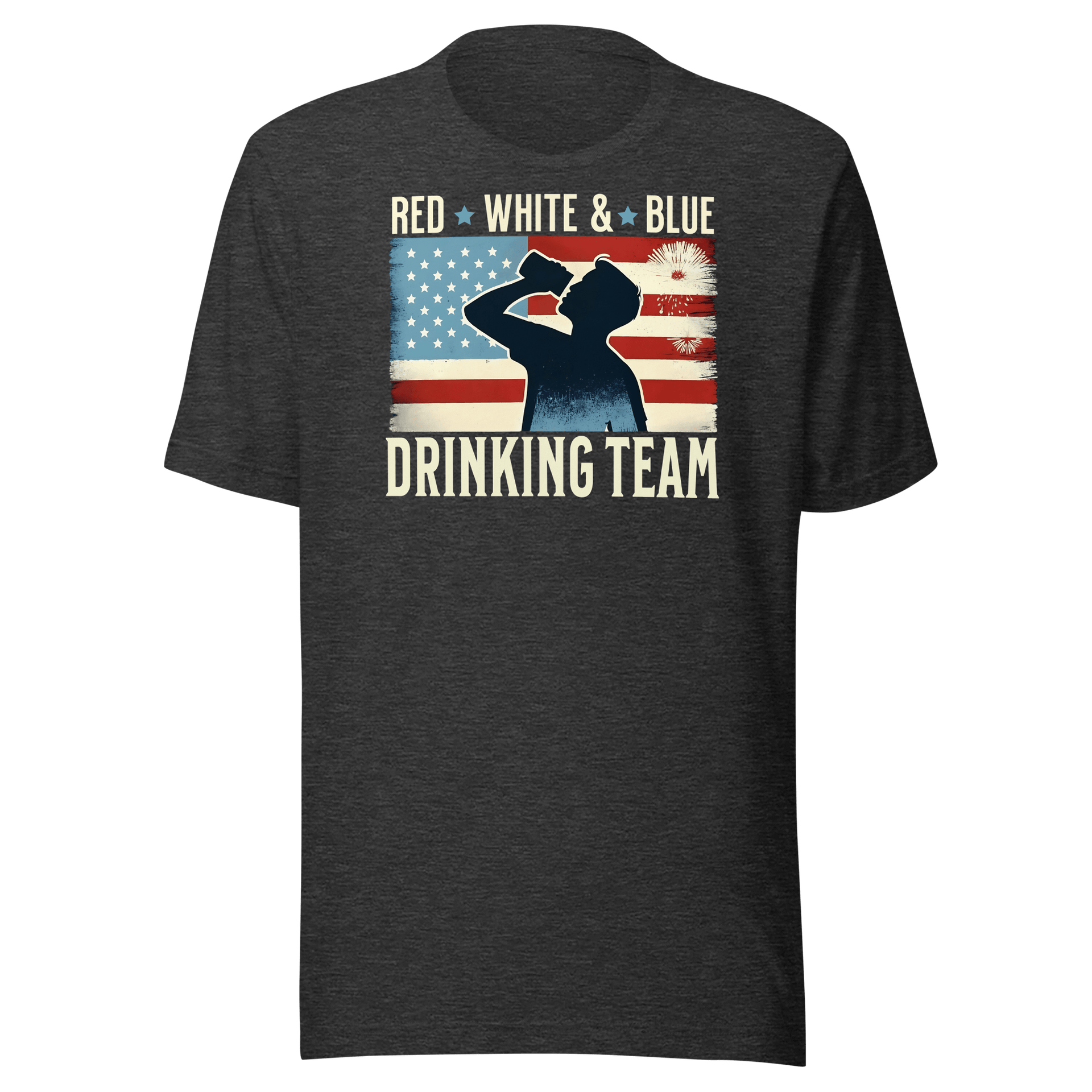 T-shirt with Red White and Blue Drinking Team text, man drinking beer, and distressed American flag background. Perfect for 4th of July.