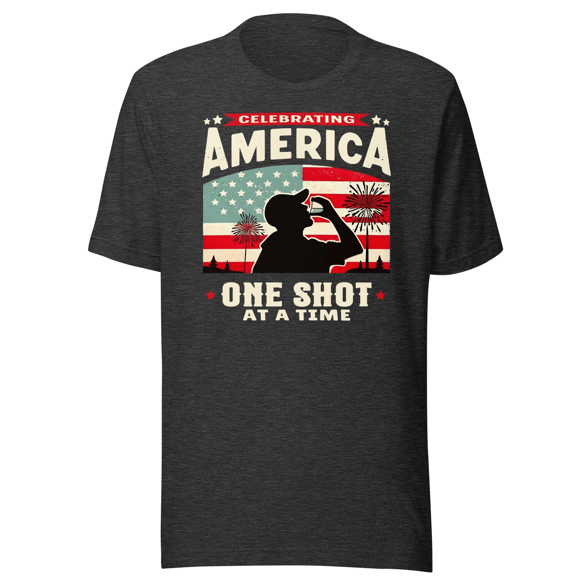 T-shirt with Celebrating America One Shot at a Time text, silhouette of a man drinking a shot, and distressed American flag background. Perfect for 4th of July.