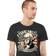 T-shirt with Let's Get This Party Founded text, George Washington drinking a beer, and distressed American flag background. Perfect for 4th of July.