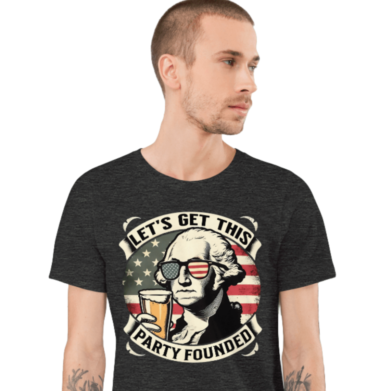 T-shirt with Let's Get This Party Founded text, George Washington drinking a beer, and distressed American flag background. Perfect for 4th of July.