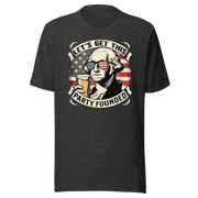 T-shirt with Let's Get This Party Founded text, George Washington drinking a beer, and distressed American flag background. Perfect for 4th of July.