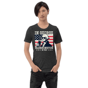 T-shirt with In George Sloshington We Trust text, image of George Washington drinking a beer, and distressed American flag background. Perfect for 4th of July.