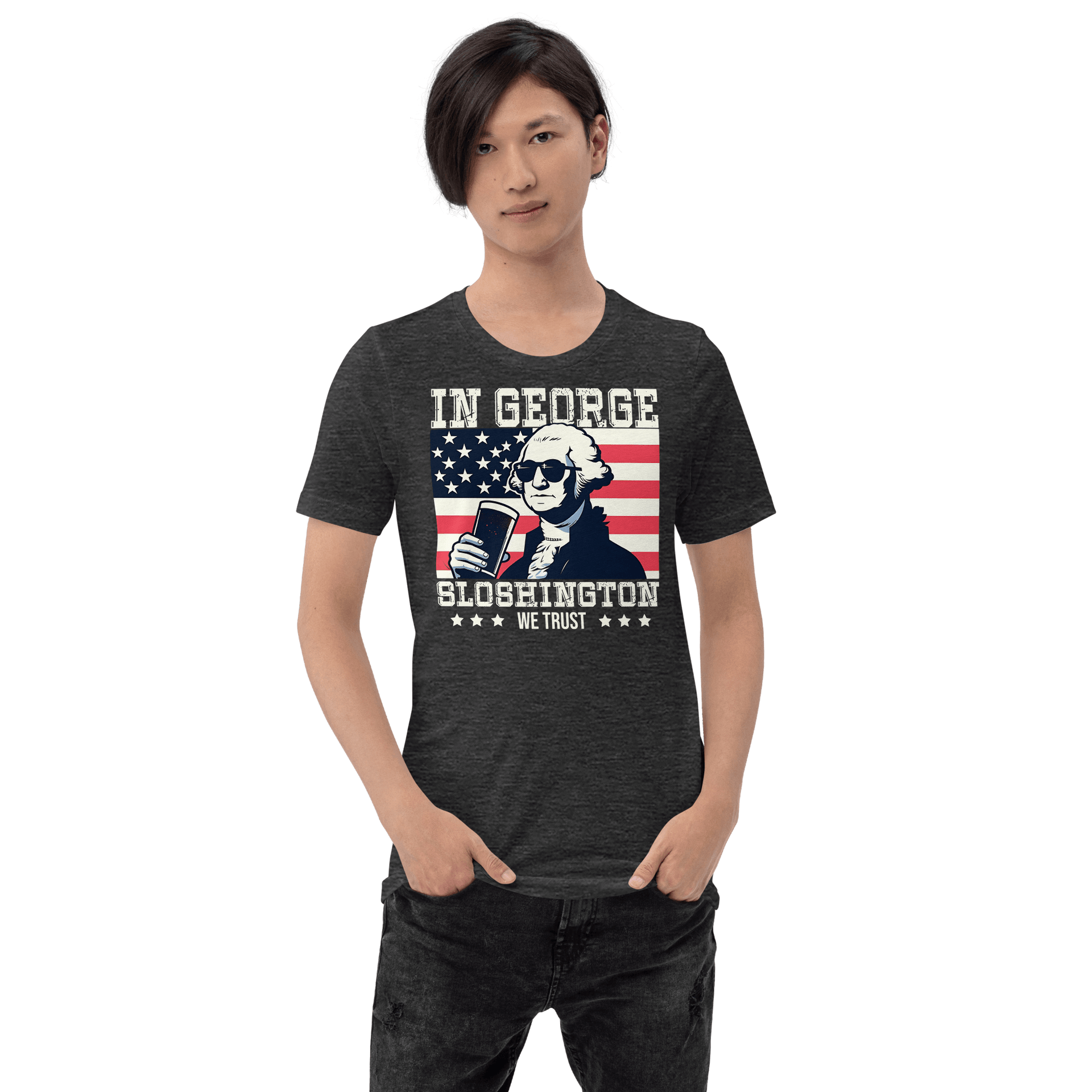 T-shirt with In George Sloshington We Trust text, image of George Washington drinking a beer, and distressed American flag background. Perfect for 4th of July.