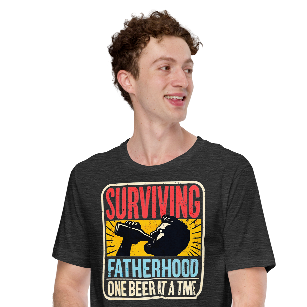 Celebrate fatherhood with our "Surviving Fatherhood One Beer at a Time" t-shirt. Perfect gift for dads who love a cold one. Ideal for Father's Day or birthdays.