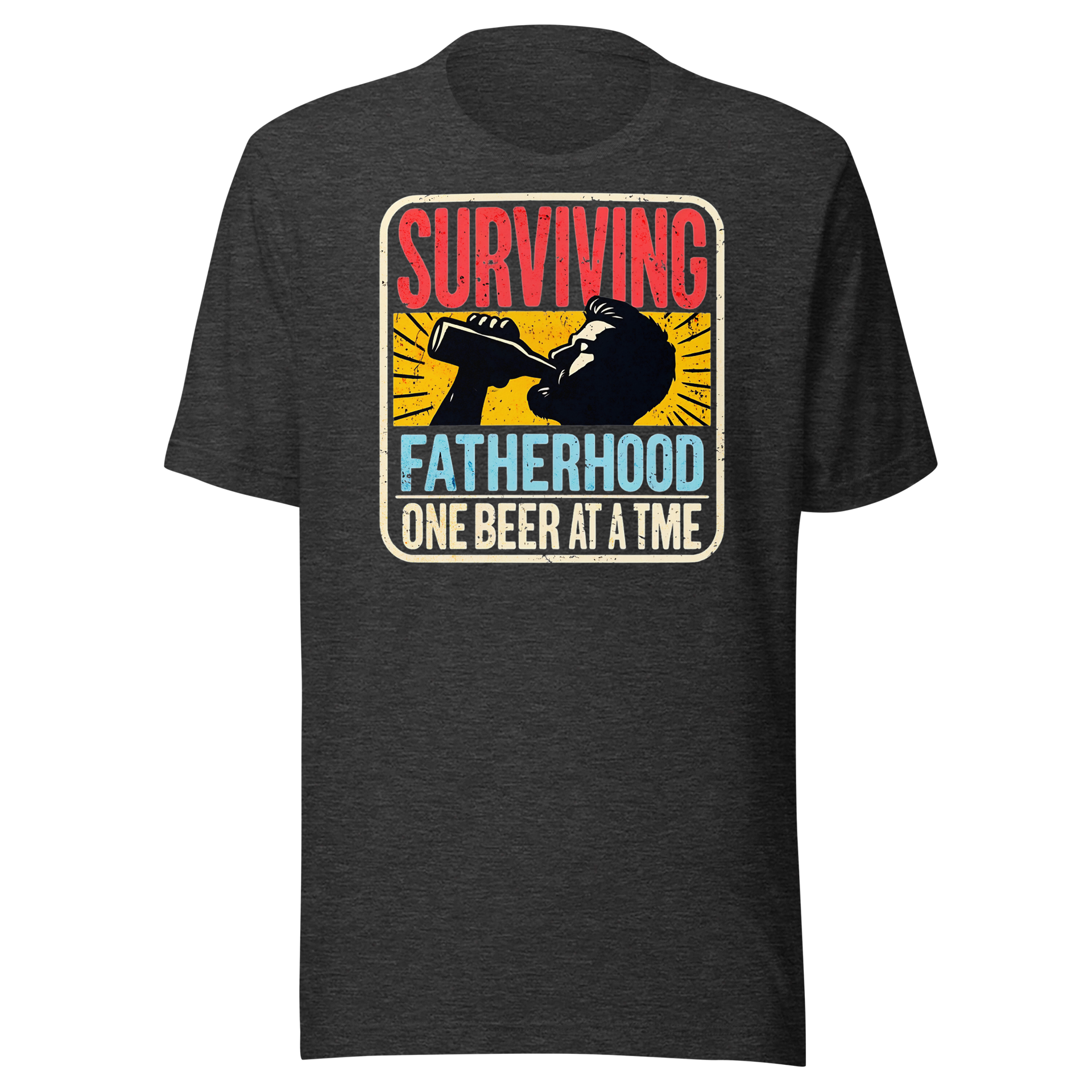 Celebrate fatherhood with our "Surviving Fatherhood One Beer at a Time" t-shirt. Perfect gift for dads who love a cold one. Ideal for Father's Day or birthdays.