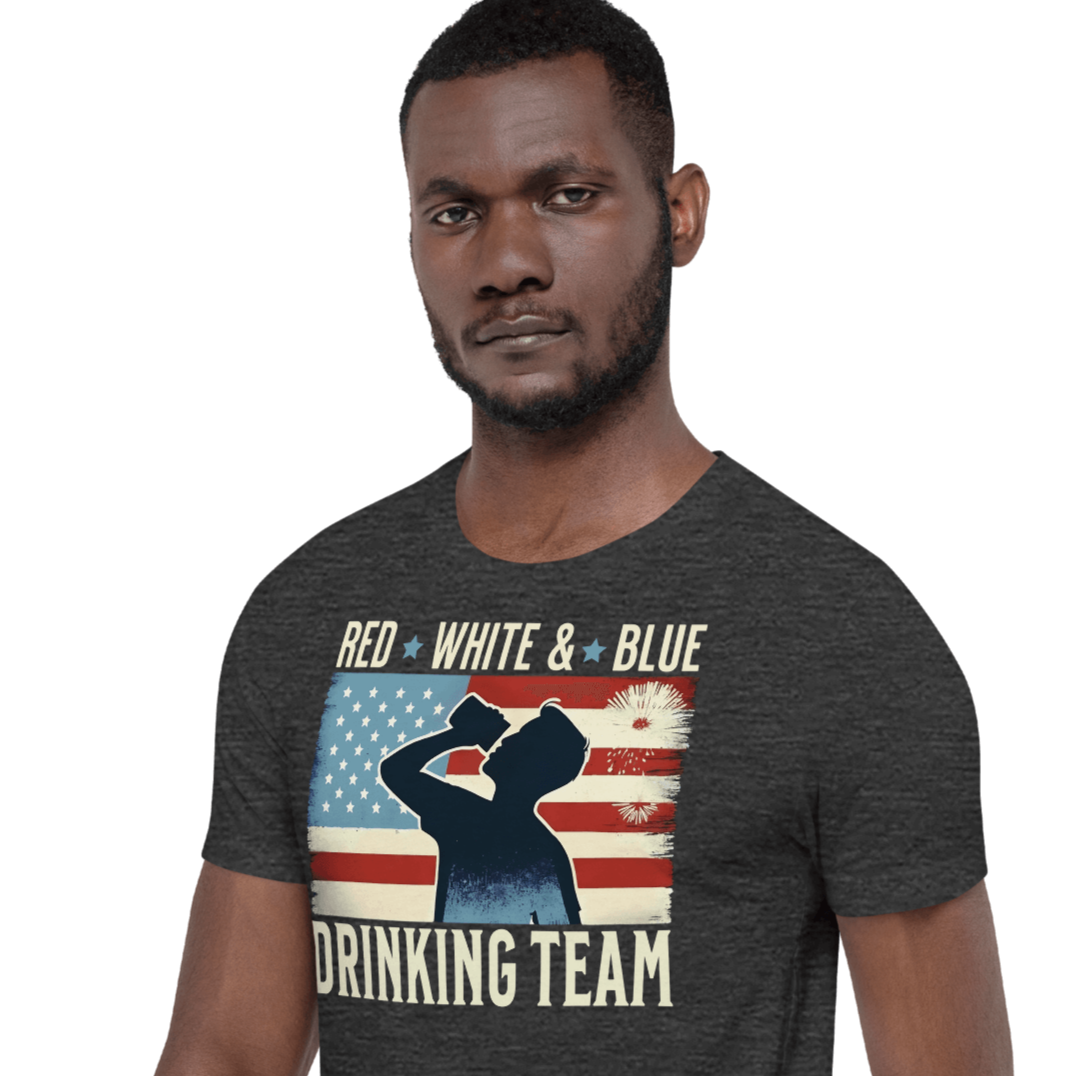 T-shirt with Red White and Blue Drinking Team text, man drinking beer, and distressed American flag background. Perfect for 4th of July.