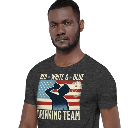 T-shirt with Red White and Blue Drinking Team text, man drinking beer, and distressed American flag background. Perfect for 4th of July.