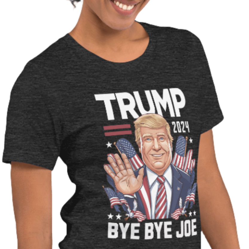 Woman wearing Trump 2024 Bye Bye Joe funny tee with illustration of President Trump waving and American flag motifs.