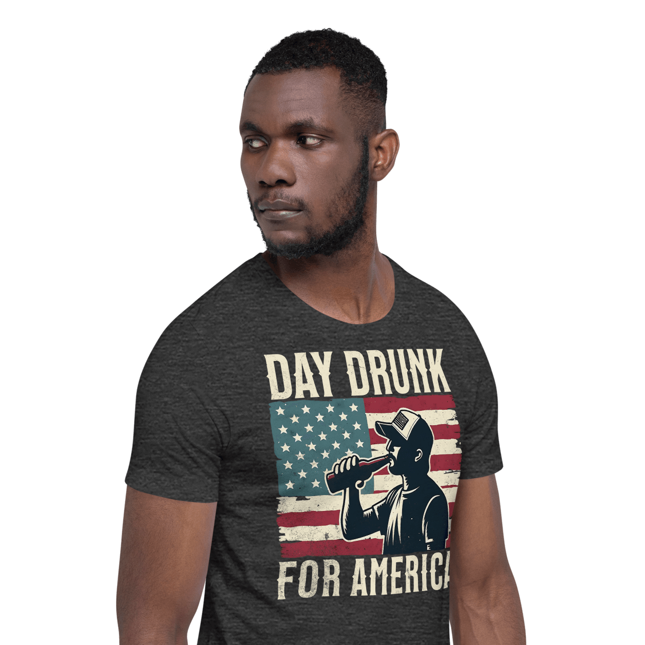 T-shirt with Day Drunk for America text, silhouette of a man drinking a bottle of beer, and distressed American flag background. Perfect for 4th of July.