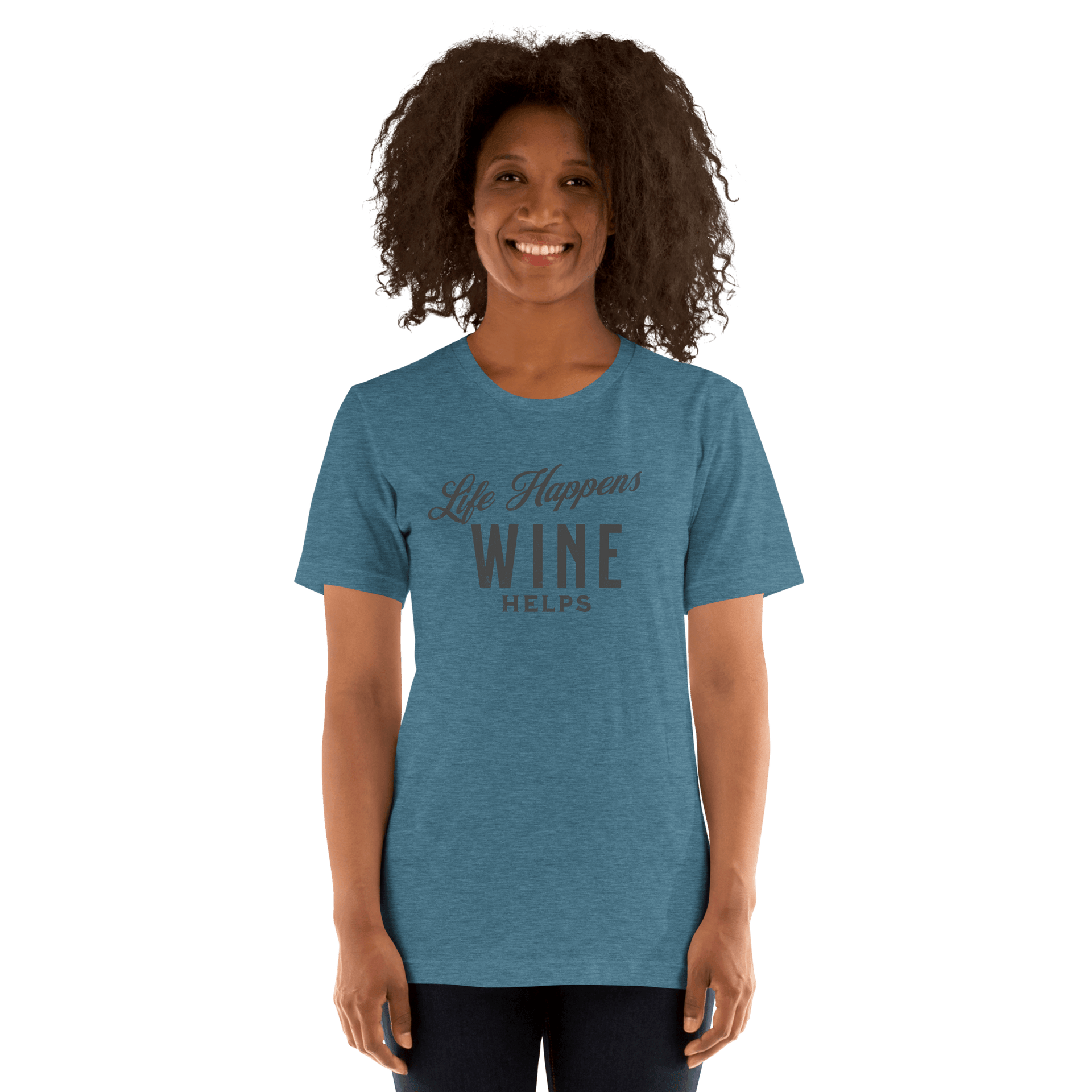 Life Happens Wine Helps Tee - Funny & Comfy ApparelEmbrace laid-back style with our "Life Happens Wine Helps" Tee. Perfect blend of humor & comfort in 100% cotton. Ideal for everyday wear. Shop now!