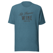 Life Happens Wine Helps Tee - Funny & Comfy ApparelEmbrace laid-back style with our "Life Happens Wine Helps" Tee. Perfect blend of humor & comfort in 100% cotton. Ideal for everyday wear. Shop now!