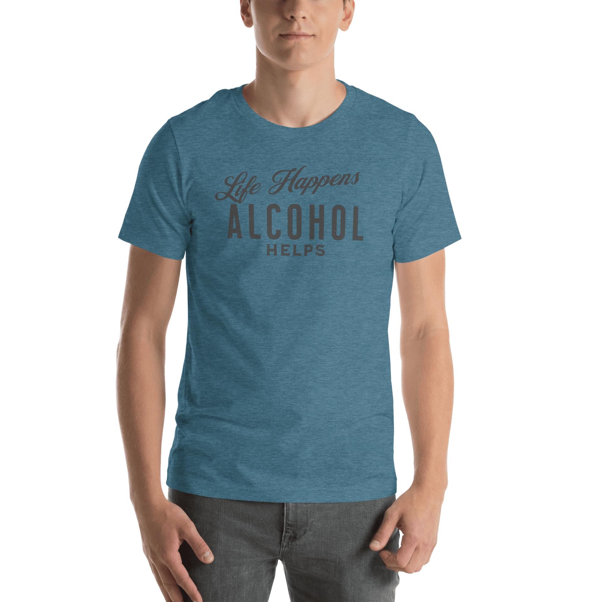 "Life Happens Alcohol Helps" T-Shirt: Embrace Fun! Get your hands on the ultimate funny drinking t-shirt. Comfortable, lightweight, and perfect for all. Dive into fun with style!