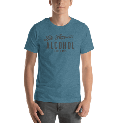 "Life Happens Alcohol Helps" T-Shirt: Embrace Fun! Get your hands on the ultimate funny drinking t-shirt. Comfortable, lightweight, and perfect for all. Dive into fun with style!