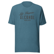 "Life Happens Alcohol Helps" T-Shirt: Embrace Fun! Get your hands on the ultimate funny drinking t-shirt. Comfortable, lightweight, and perfect for all. Dive into fun with style!