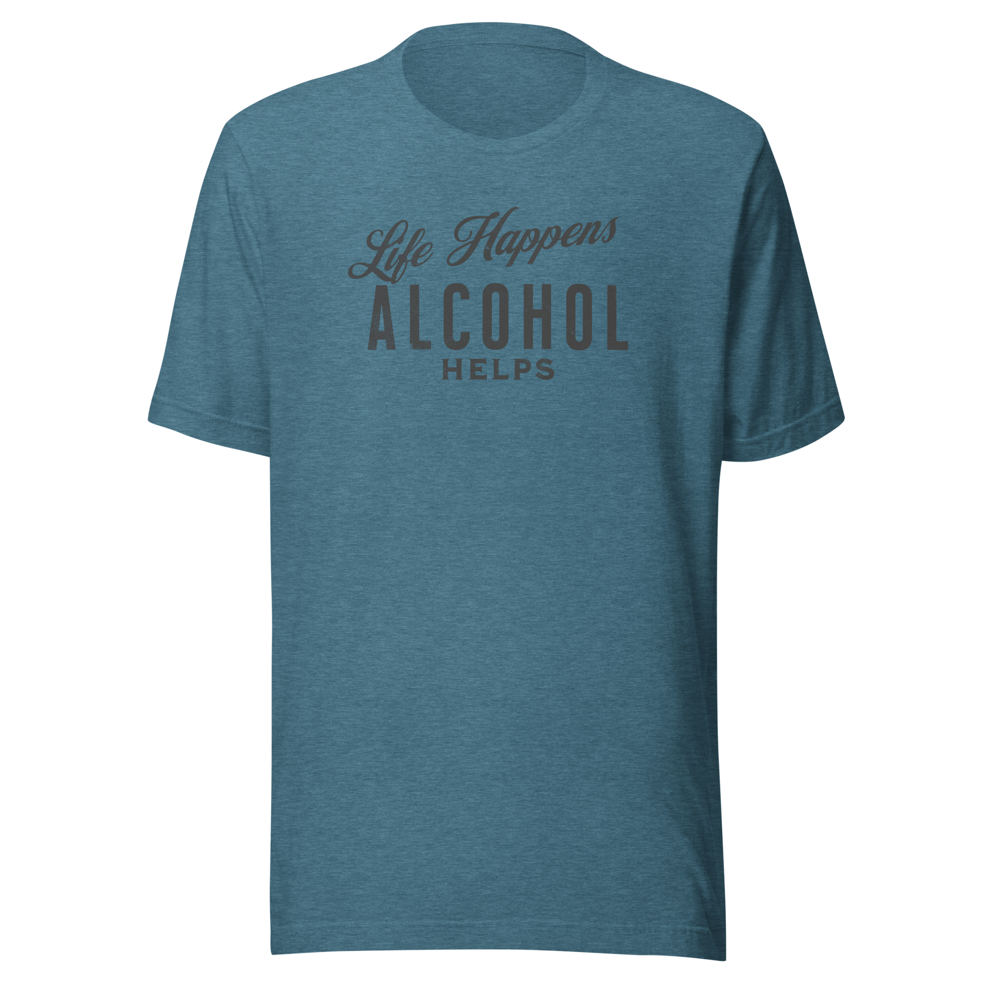 "Life Happens Alcohol Helps" T-Shirt: Embrace Fun! Get your hands on the ultimate funny drinking t-shirt. Comfortable, lightweight, and perfect for all. Dive into fun with style!