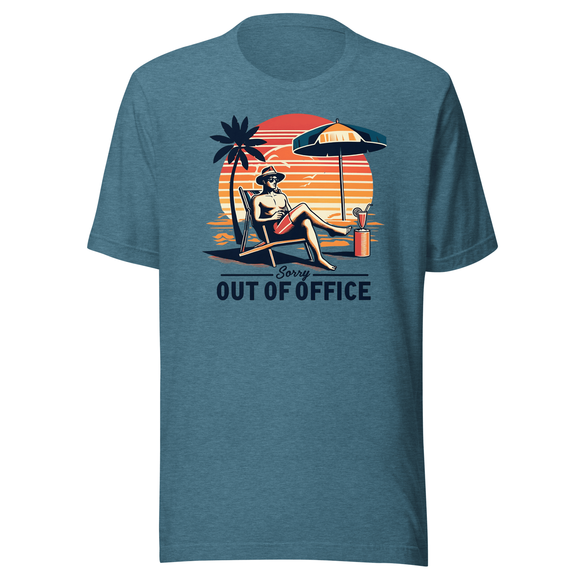 Man lounging in a beach chair with a cocktail, wearing our 'Sorry, Out of Office' vintage tee against a retro sunset backdrop.