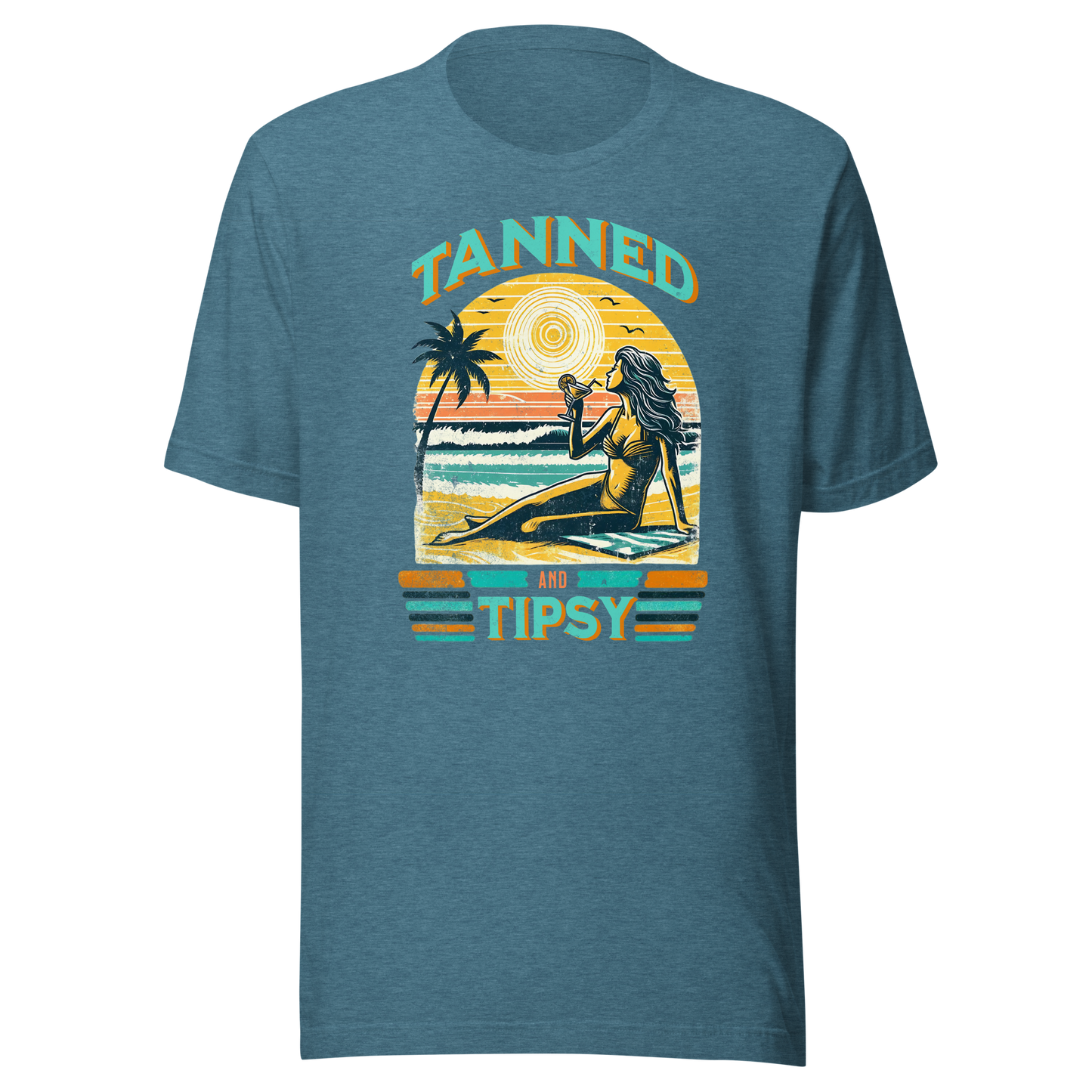 Vintage-inspired 'Tanned and Tipsy' tee with a woman sipping a cocktail on a beach at sunset, perfect for beach drinking and summer parties.