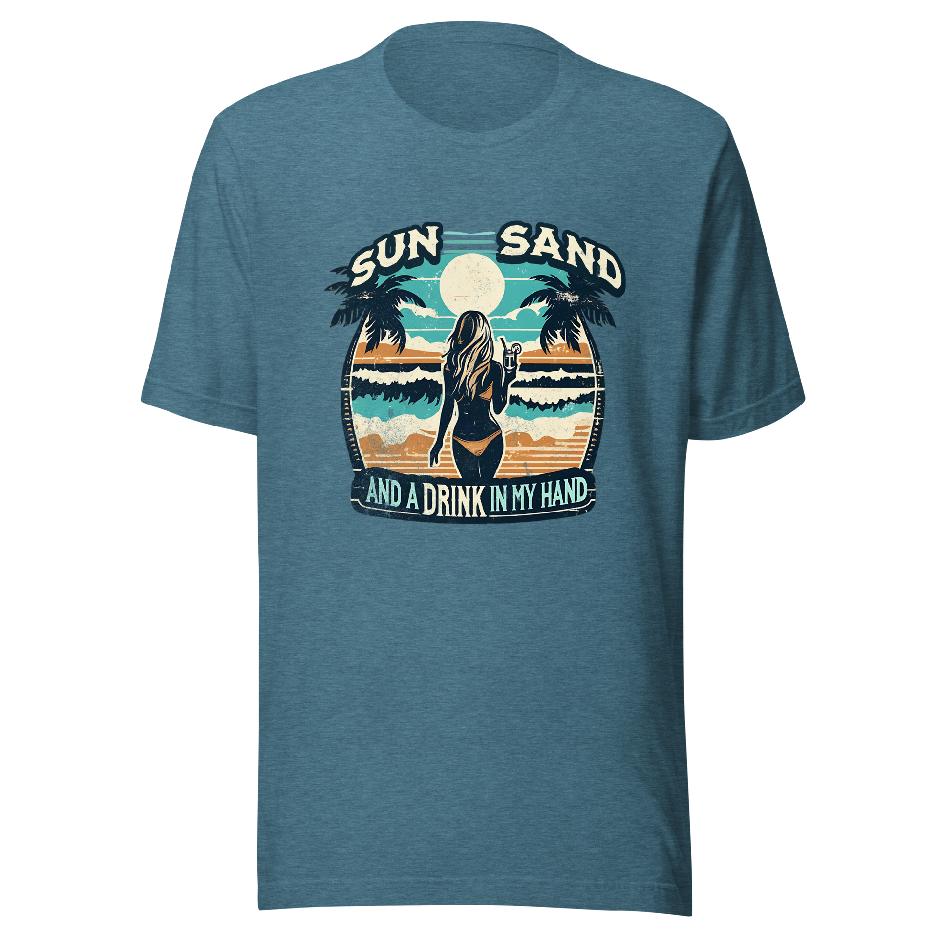 Woman with cocktail on beach on 'Sun, Sand, and a Drink in My Hand' tee, showcasing ocean and sun background