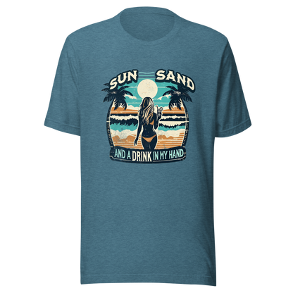 Woman with cocktail on beach on 'Sun, Sand, and a Drink in My Hand' tee, showcasing ocean and sun background