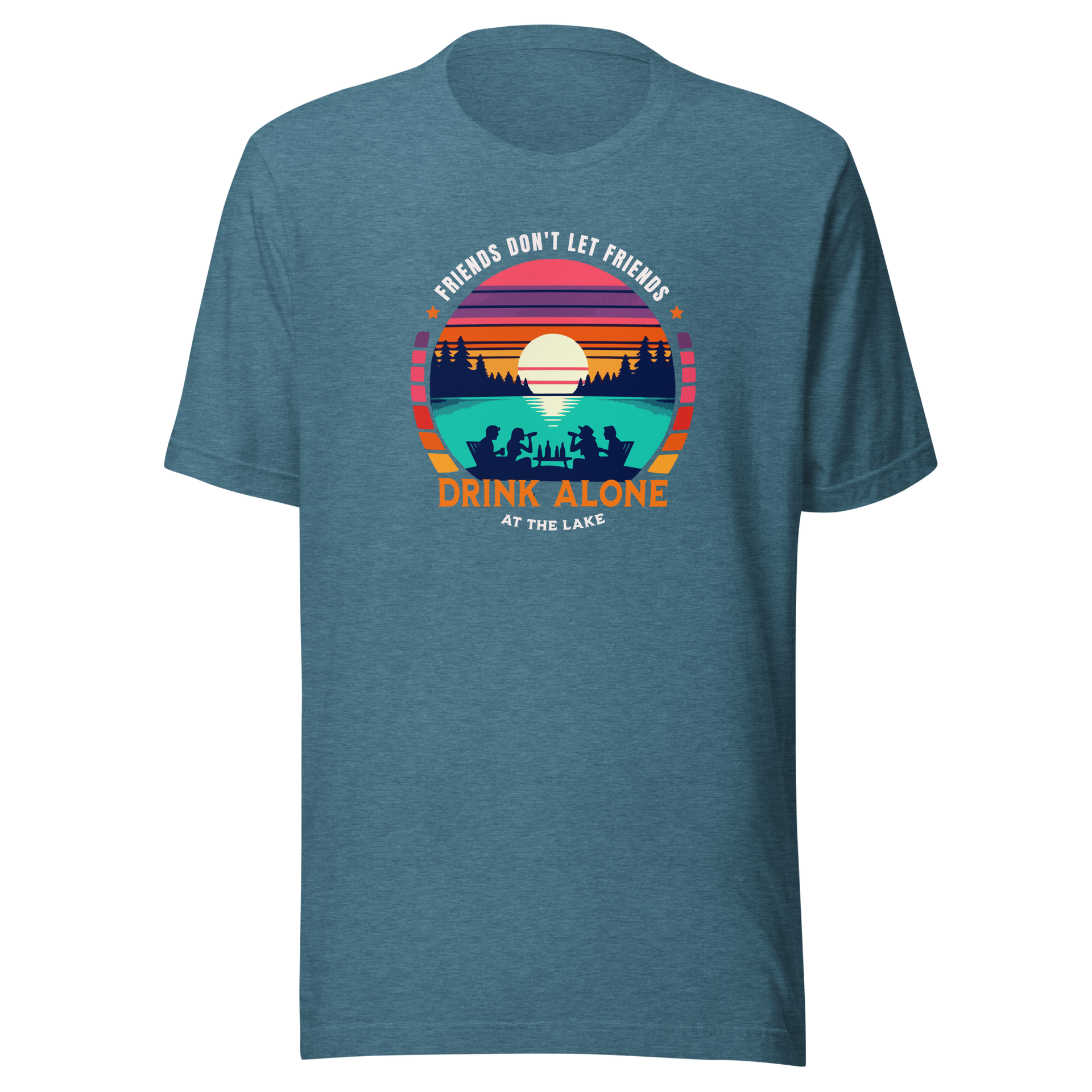 Tee showcasing "Friends Don't Let Friends Drink Alone at the Lake" with a retro sunset and lake scene.