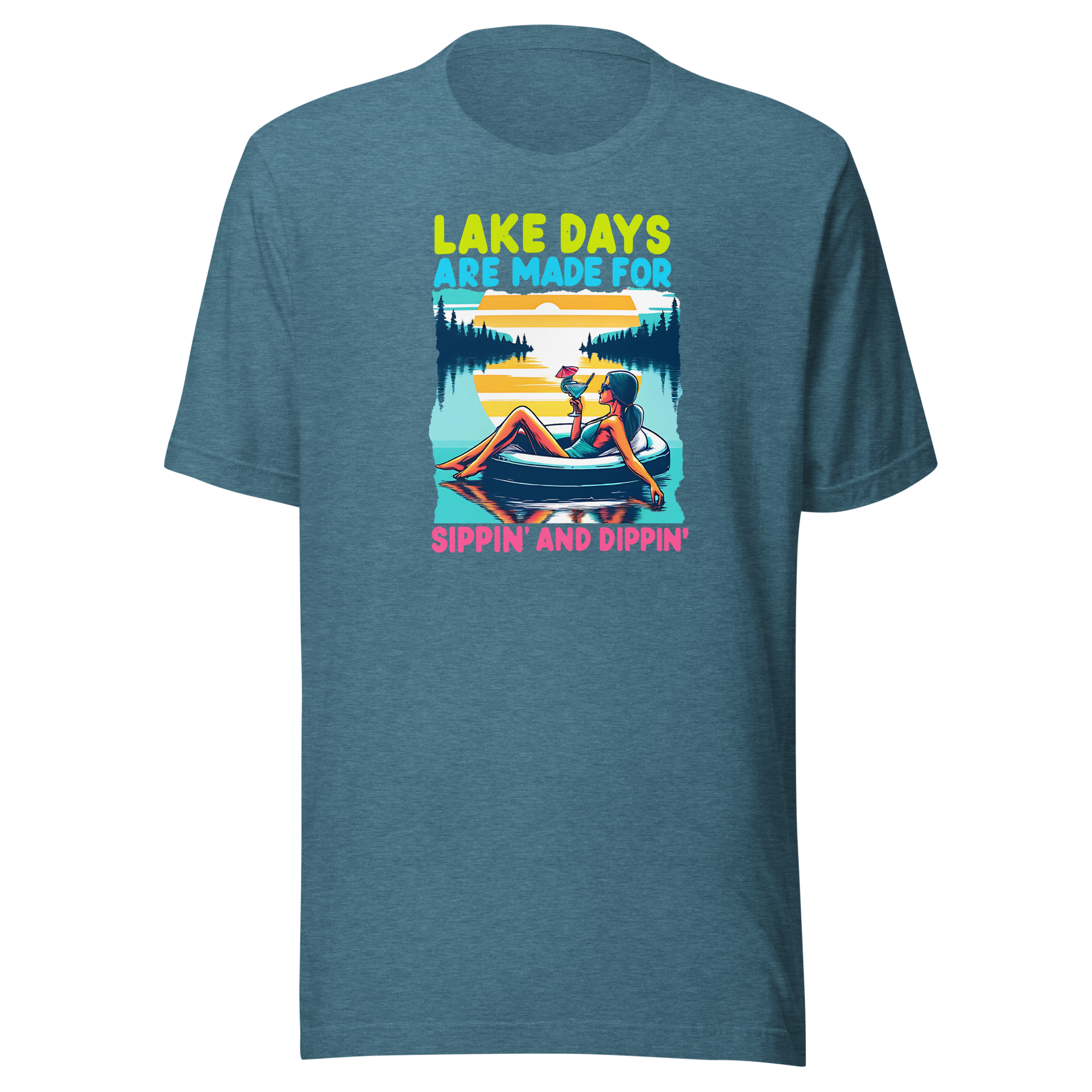 Tee with "Lake Days Are Made for Sipping and Dipping," featuring a woman on a tube float with a cocktail, lake and sunset backdrop.