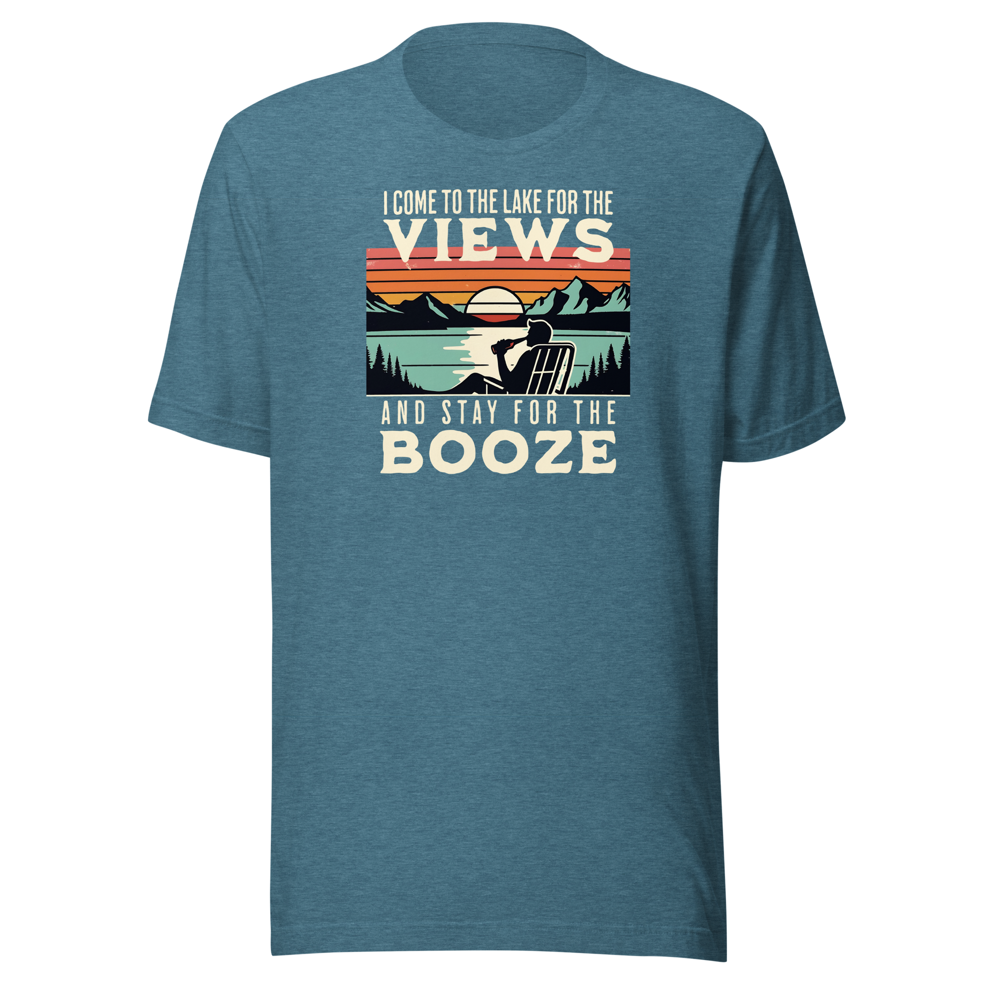 Tee showing "I Come to the Lake for the Views and Stay for the Booze," with a man in a beach chair, lake, and retro sunset.