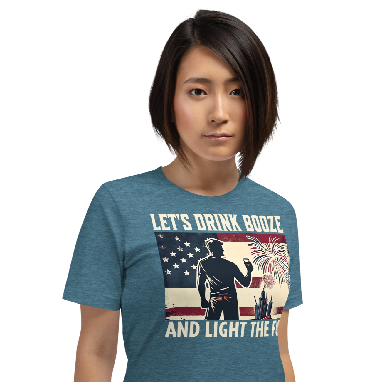 4th of July T-shirt with 'Let's Drink Booze and Light the Fuse' text, featuring a festive, patriotic theme