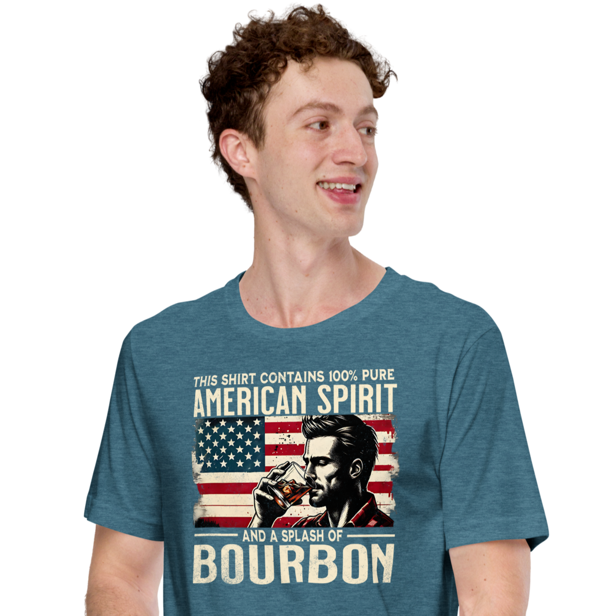 Tee with 'This Shirt Contains 100% American Spirit and a Splash of Bourbon' text, man drinking a glass of bourbon, and distressed American flag background