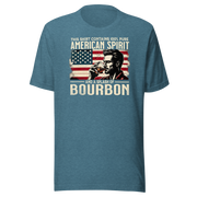 Tee with 'This Shirt Contains 100% American Spirit and a Splash of Bourbon' text, man drinking a glass of bourbon, and distressed American flag background