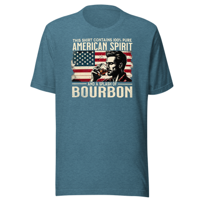 Tee with 'This Shirt Contains 100% American Spirit and a Splash of Bourbon' text, man drinking a glass of bourbon, and distressed American flag background