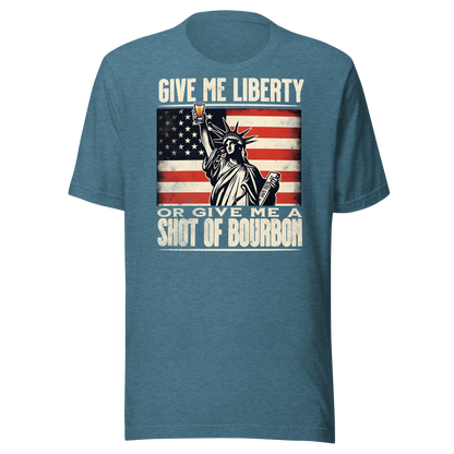 T-shirt with Give Me Liberty or Give Me a Shot of Bourbon text, Statue of Liberty holding a shot glass, and distressed American flag background. Perfect for 4th of July.