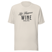 Life Happens Wine Helps Tee - Funny & Comfy ApparelEmbrace laid-back style with our "Life Happens Wine Helps" Tee. Perfect blend of humor & comfort in 100% cotton. Ideal for everyday wear. Shop now!