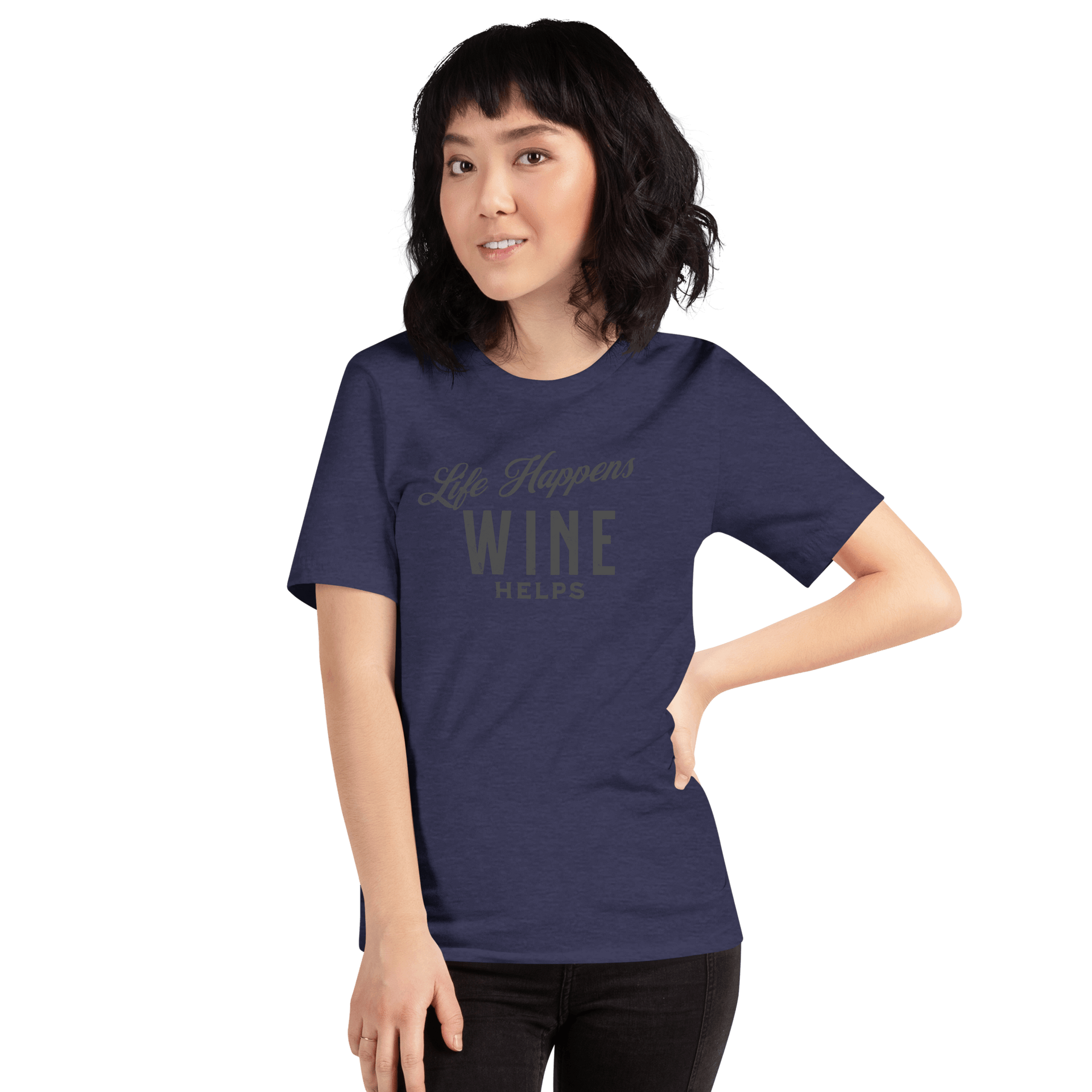 Life Happens Wine Helps Tee - Funny & Comfy ApparelEmbrace laid-back style with our "Life Happens Wine Helps" Tee. Perfect blend of humor & comfort in 100% cotton. Ideal for everyday wear. Shop now!