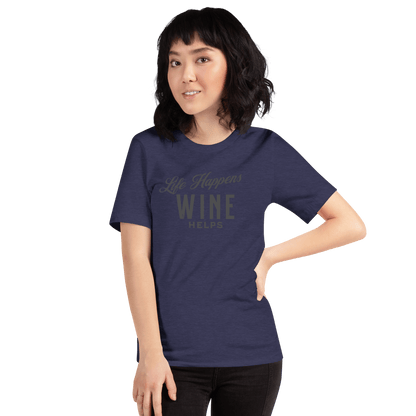 Life Happens Wine Helps Tee - Funny & Comfy ApparelEmbrace laid-back style with our "Life Happens Wine Helps" Tee. Perfect blend of humor & comfort in 100% cotton. Ideal for everyday wear. Shop now!