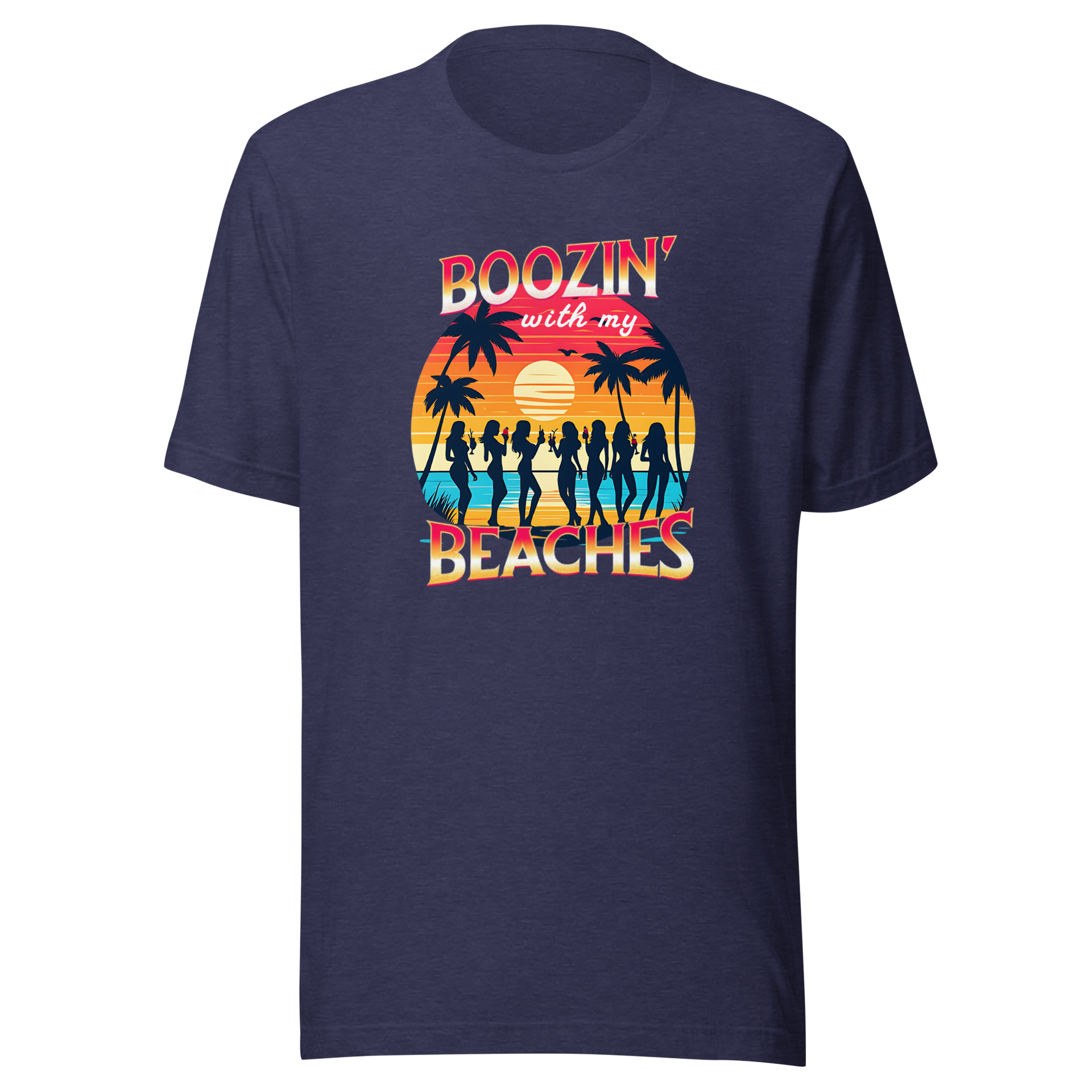 Silhouettes of women drinking cocktails on the beach at sunset in 'Boozin' with My Beaches' tee.