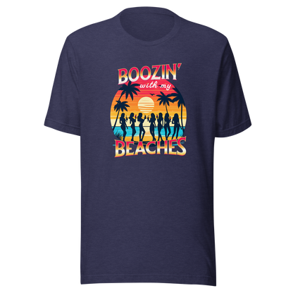 Silhouettes of women drinking cocktails on the beach at sunset in 'Boozin' with My Beaches' tee.